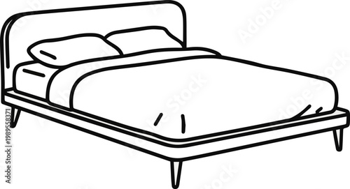 Generate a Double bed in continuous one line drawing. Scandinavian stylish furniture for cozy loft bedroom in simple linear style. Editable stroke. Doodle vector art with white background..