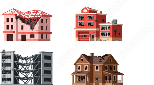 Earthquake Damaged Buildings Vector Set Featuring Cracked Structures Collapsed Roofs and Structural Failure Illustrations for Disaster Awareness Emergency Training and Safety Design