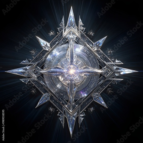 Intricate Geometric Symmetry of Crystalline Starburst with Metallic Details and Futuristic Design