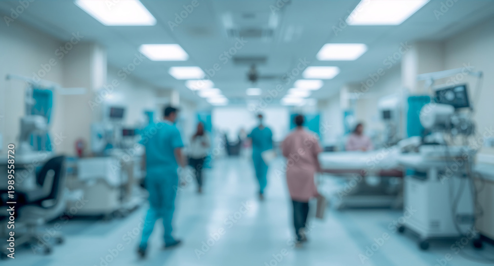 Fototapeta premium Blurry hospital room with people walking around, conveying a busy and active healthcare environment
