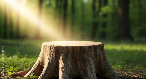 Sunlight streams through forest canopy illuminating a tree stump in a lush green woodland scene