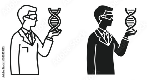 Scientist icon set with DNA helix, outline and solid silhouette styles, white background