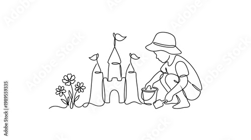 Single Continuous Line Drawing of Child Building Sandcastle with Flower Petal Flags Minimalist Vector