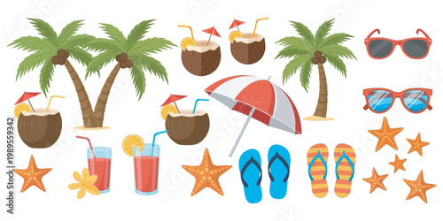 Collection of summer tropical elements including palm trees, coconut drinks, sunglasses, beach umbrella, starfish, flip flop. Summer day vector illustration