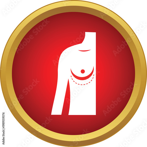 Female torso illustrating dotted lines for breast plastic surgery procedure on a round red button