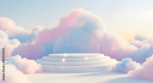 Dreamy pastel abstract landscape with floating platforms and soft cloud like formations