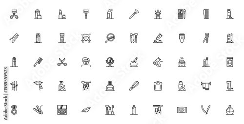 Beauty icon set. Minimal line vector icons pack. Includes cosmetics, makeup tools, skincare, haircare, and accessories like lipstick, brush, mirror, shampoo, and more. Editable stroke.