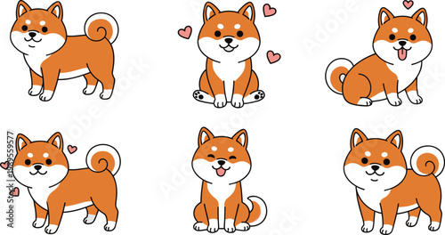 Set of Cute Shiba Inu Dog Vector Illustrations with Different Poses and Expressions for Use in Pet, Animal, and Cartoon Designs