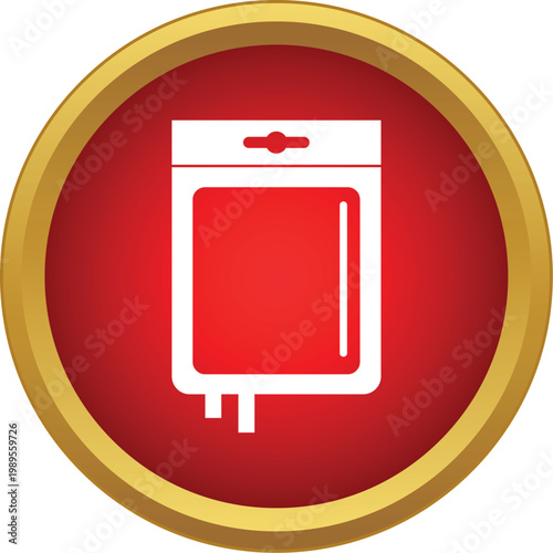 Blood bag representing medical donation and transfusion in a gold framed red circle