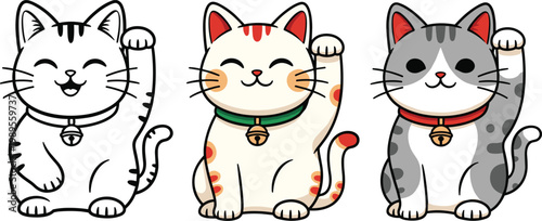 Adorable Cat Icon Set Featuring Lucky Maneki Neko Design for Good Fortune and Prosperity
