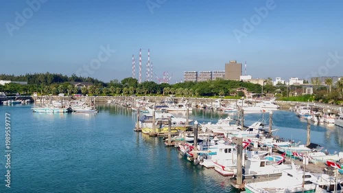 4K Tamsui Fisherman Wharf Marina with Boats in Taiwan