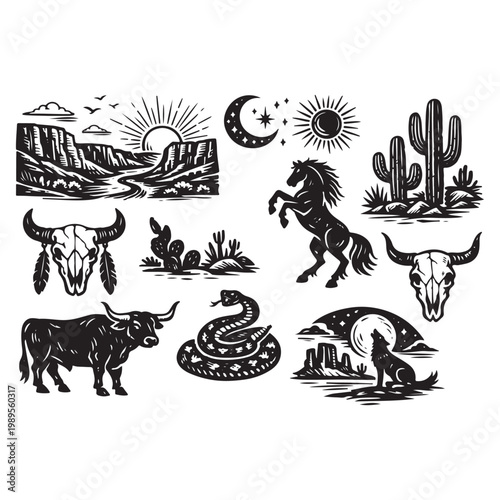 Western Boho Linocut Vector Set Collection 