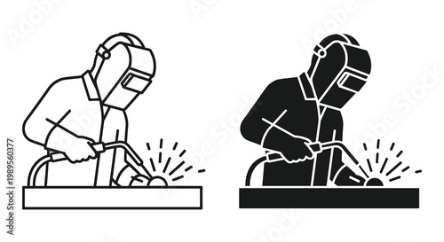 Welder icon set with outline and solid silhouette styles, industrial worker white background