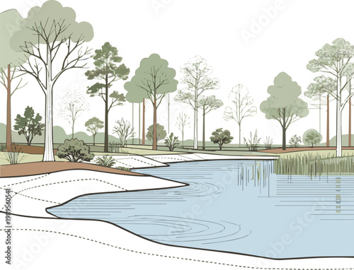 Generate a realistic Architectural Drawings, Minimal style cad tree line drawing, Side view, set of section wetland forest outline for landscape design drawing in separate element vector art .