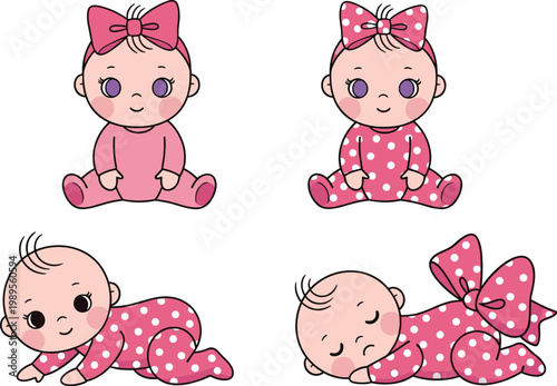 Set of Cute Baby Illustrations in Pink Polka Dot Outfits with Bows and Playful Poses for Children's Design and Nursery Graphics
