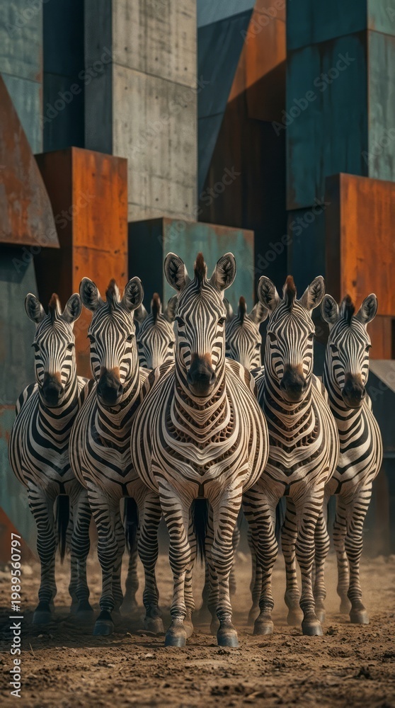 Fototapeta premium Herd of Zebras in Urban Setting Zebras Wildlife Animals Nature Herd Urban Architecture. Concept featuring zebras, wildlife, animals, nature, herd for professional commercial design.