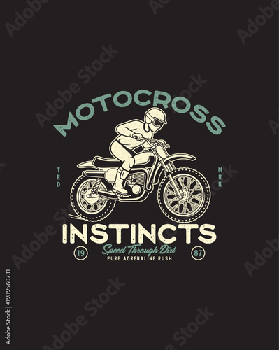 Motocross Rider on Dirt Bike with Instincts Text.