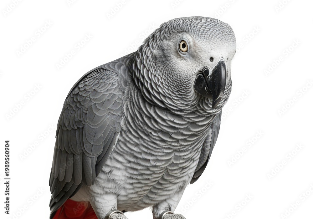 Obraz premium Detailed studio portrait of an African grey parrot isolated on a white background, highlighting its intricate grey feathers and intelligent eye.