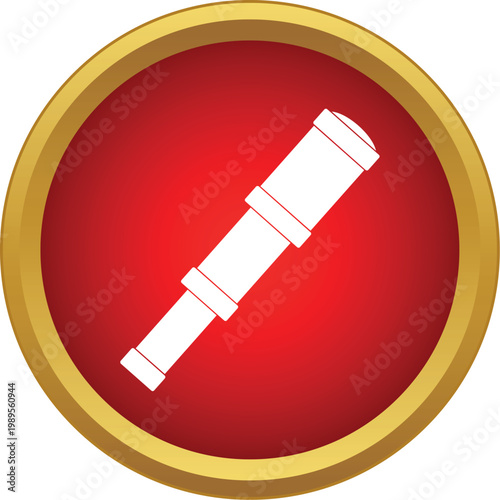 White spyglass icon on a vivid red and gold button for exploration and discovery