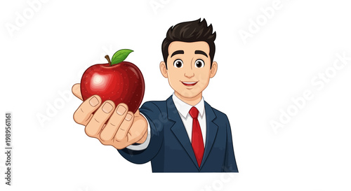 Man in Suit Offers Red Apple with Green Leaf.