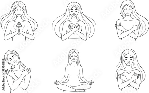 Set of Line Art Illustrations of Women in Different Poses with Hands Crossed and Meditative Gestures for Wellness and Mindfulness Graphics
