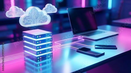 Futuristic cloud computing setup with glowing servers and digital connections representing data storage and network infrastructure