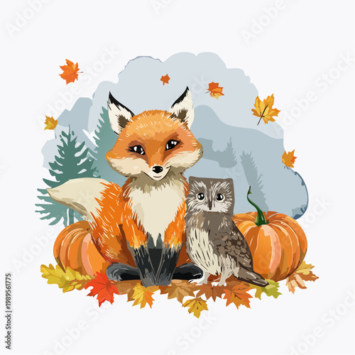Herbst – Babyfuchs & Eule im Laub