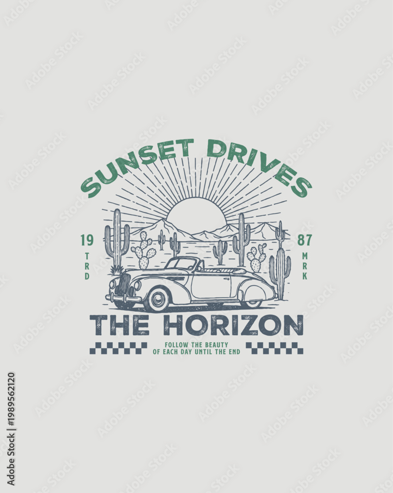 Obraz premium Vintage Convertible Car Driving Towards Sunset Horizon.