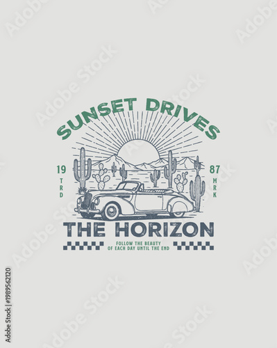 Vintage Convertible Car Driving Towards Sunset Horizon.