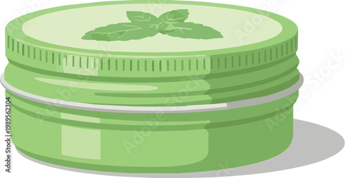 Flat Vector Botanical Mint Lip Balm Tin Isolated for Winter Care Concepts, Promoting Chapped Lip Protection, Refreshing Cooling, and Softness