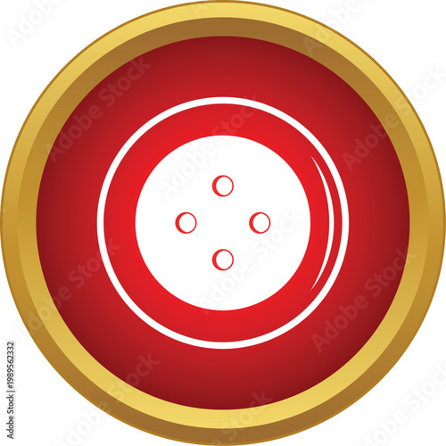 Round red button symbol with four holes inside a gold border