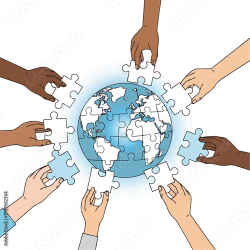 Diverse hands assembling a globe puzzle together in unity and cooperation