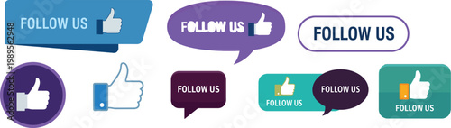 Social media follow us icons bottles thumbs up and speech bubbles