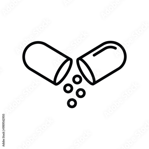 A black and white outline icon showing an open pill capsule with small particles spilling out.
