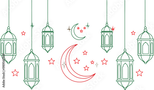 Ramadan lanterns and crescent moon sketch a festive islamic holiday illustration