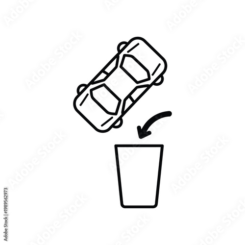 A black and white icon depicting a car being discarded into a trash can with a downward arrow.