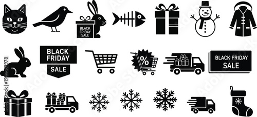 Black silhouette icons holiday shopping and winter celebrations collection