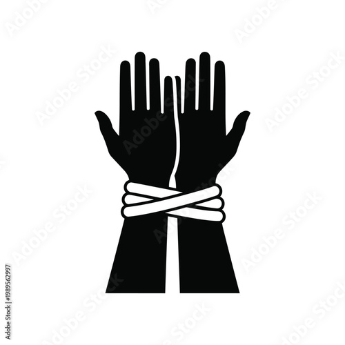 A black silhouette icon showing two hands tied together at the wrists with rope.