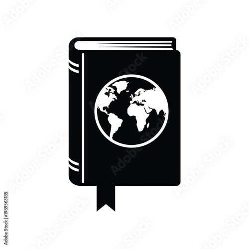 A black icon shows a closed book with a global map on its cover, featuring a bookmark.