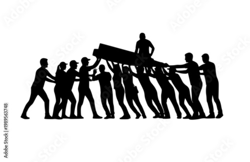 Teamwork Concept with Diverse Characters Silhouette. Black Vector Silhouette of Group Moving Large Object and Working Together.