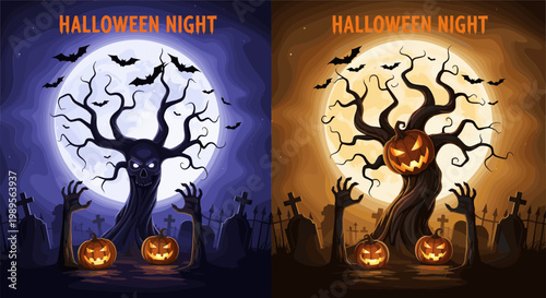 Halloween Night Vector Illustration Set with Spooky Tree, Pumpkin Jack O Lanterns, Full Moon, Bats, and Graveyard Scene for Horror, Holiday, and Dark Design Projects