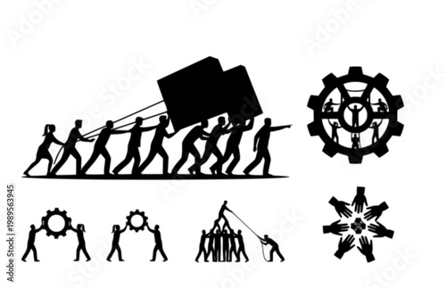 Teamwork Concept with Diverse Characters Silhouette. Black Vector Silhouette of Group Moving Large Object and Working Together.