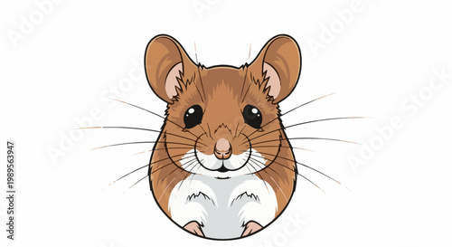 Cartoon face of a brown and white rodent with large ears and whiskers