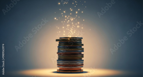Stack of coins with glowing light emanating upwards.