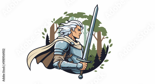 Knight in shining armor with sword, set against a forest backdrop