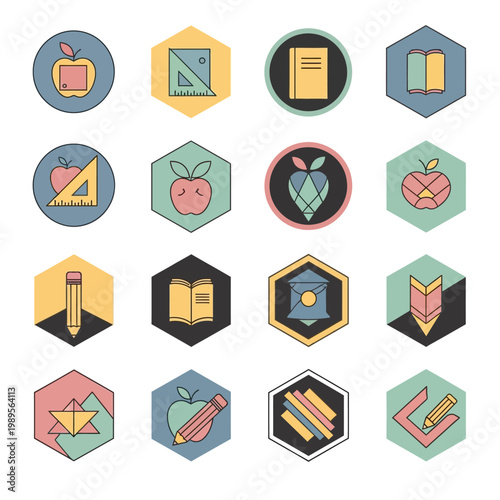 Set of Colorful Hexagonal Icons Representing School Supplies and Education.