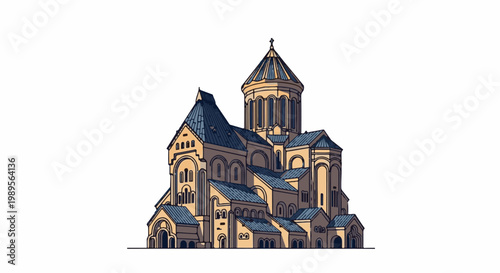 Stone church with multiple domes and steep blue roofs