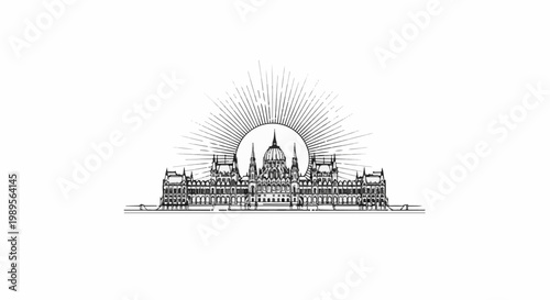 Ornate building with radiating sunburst behind