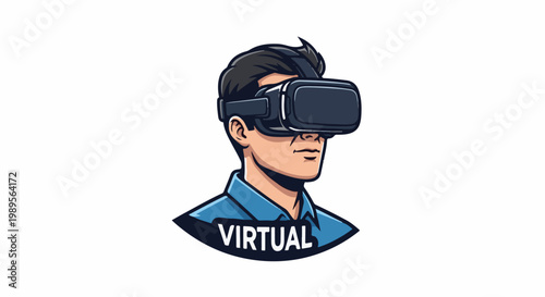 Man wearing VR headset, featuring a stylized head and shoulders with the word "VIRTUAL