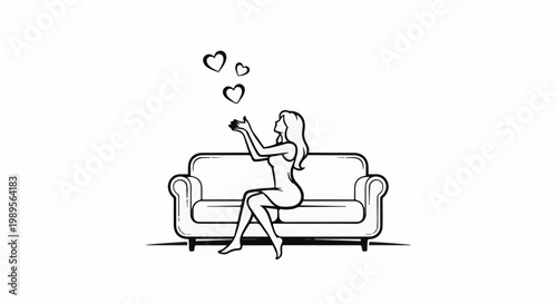 A woman sits on a sofa, catching hearts floating from above